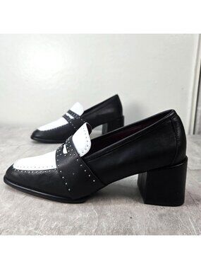 Block Heel Penny Loafers Size 9.5 Black White Leather Studded Preppy Dress Shoes